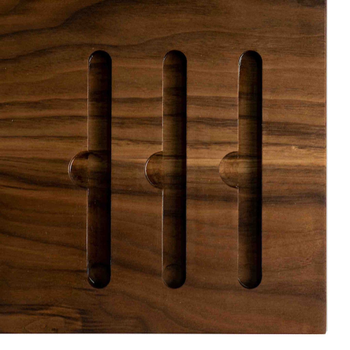 Tray detail of the Cervin desk with beautiful hourglass-shaped legs in solid walnut wood