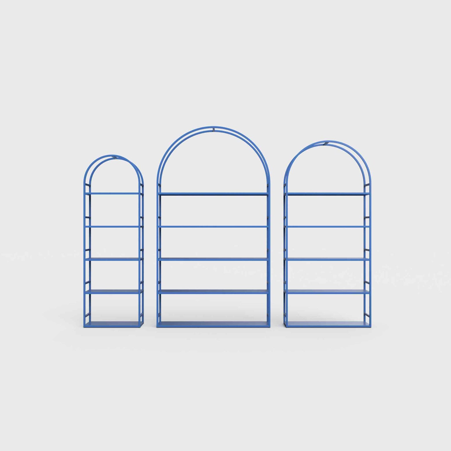Arched bookcase Arkada, available in Switzerland through ÉTAUDORÉ, made from highest quality powdered coated steel in azure blue color