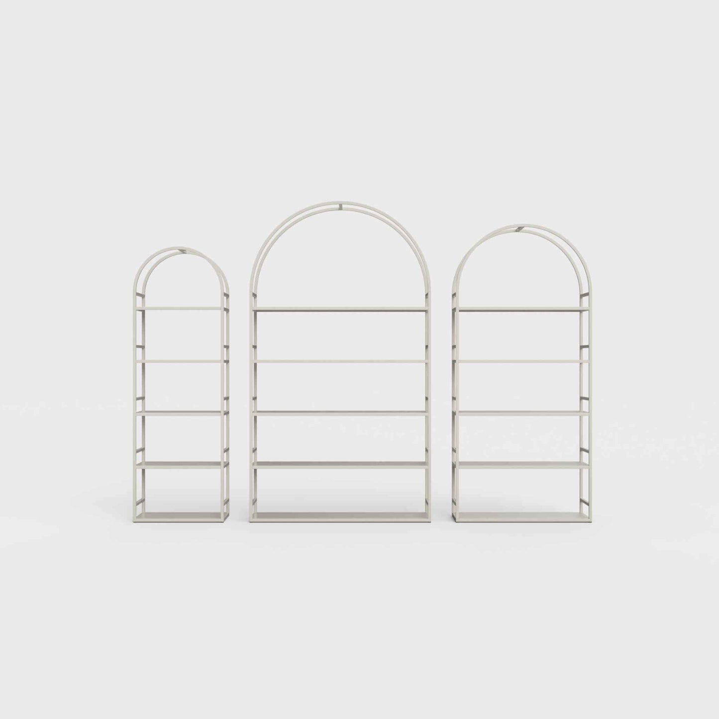 Arched bookcase Arkada, available in Switzerland through ÉTAUDORÉ, made from highest quality powdered coated steel in light beige