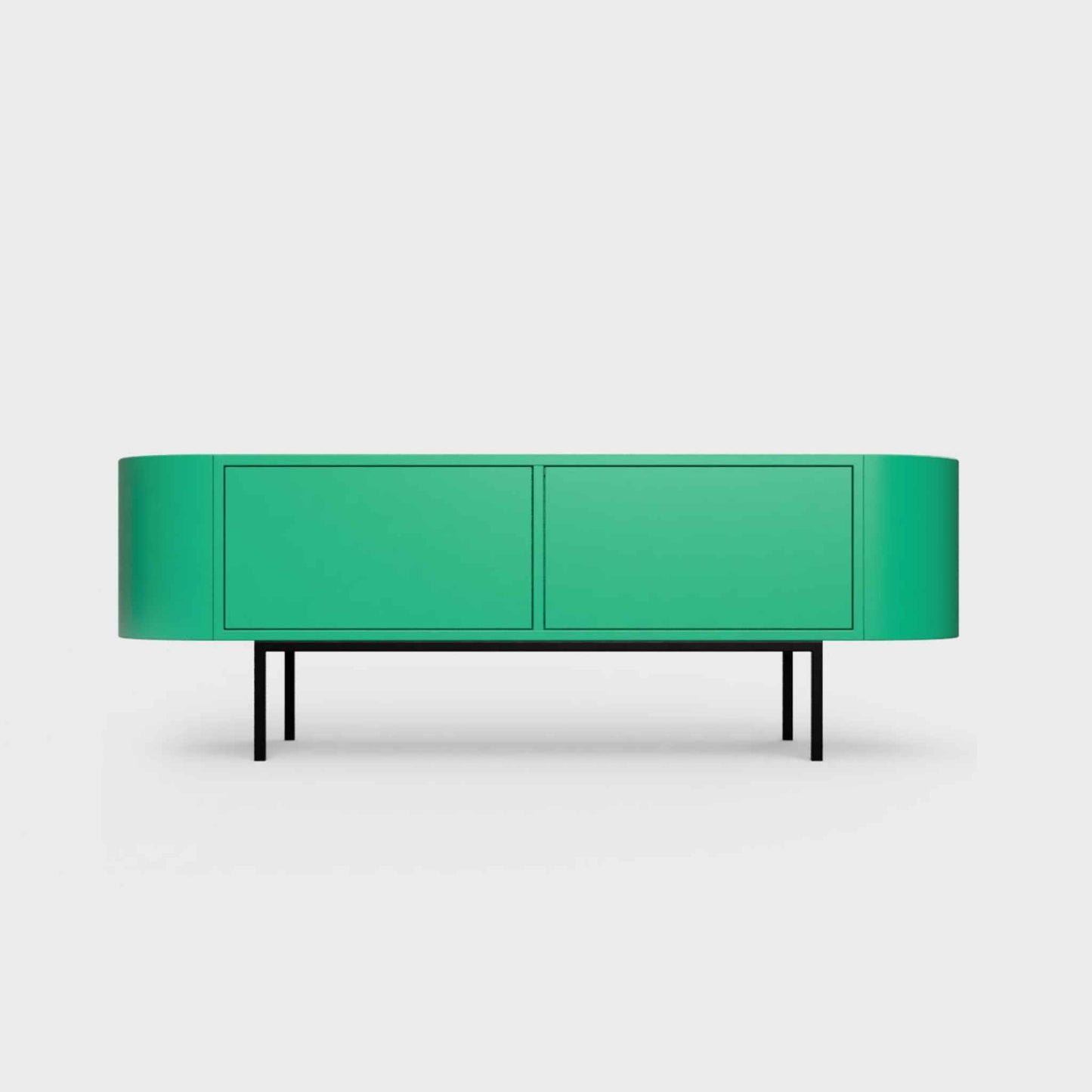 Curved Desiva Enna 01 lowboard in avocado green color steel, available in Switzerland via ÉTAUDORÉ