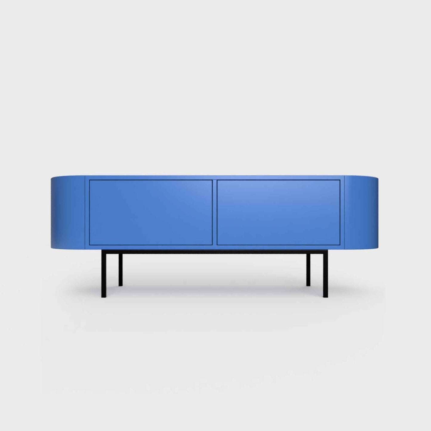 Curved Desiva Enna 01 lowboard in azure blue color steel, available in Switzerland via ÉTAUDORÉ