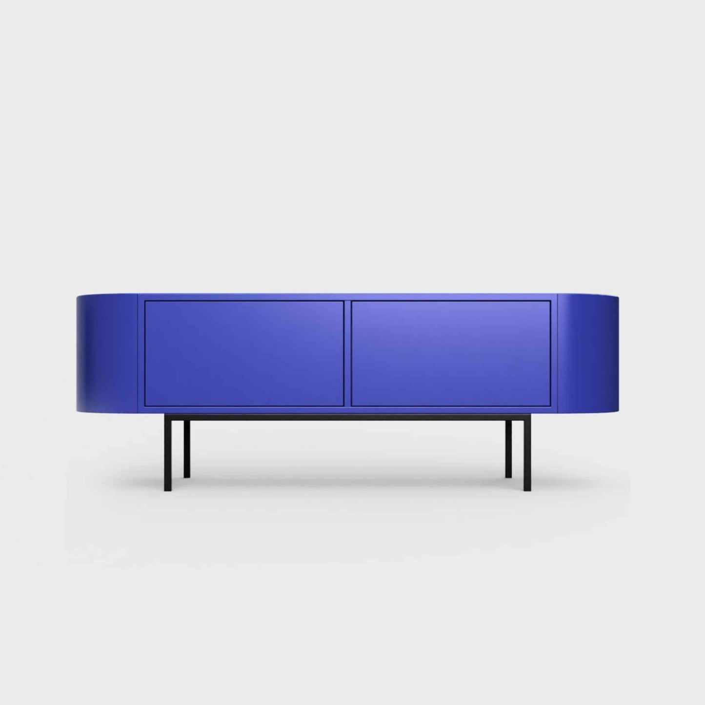 Curved Desiva Enna 01 lowboard in bluebell blue color steel, available in Switzerland via ÉTAUDORÉ