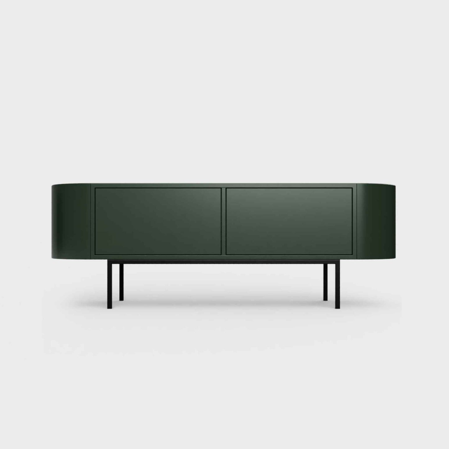 Curved Desiva Enna 01 lowboard in bottle green color steel, available in Switzerland via ÉTAUDORÉ