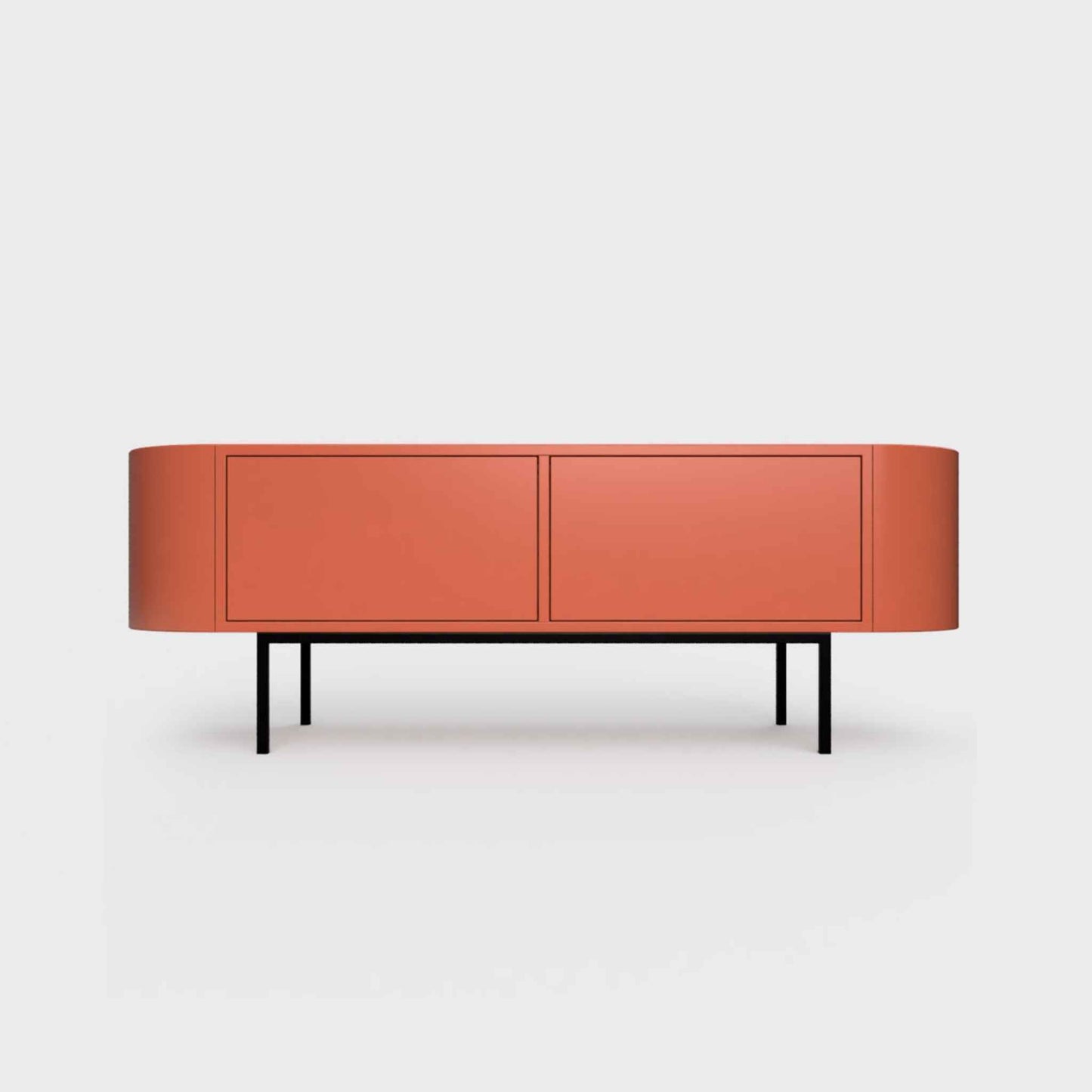 Curved Desiva Enna 01 lowboard in brick orange color steel, available in Switzerland via ÉTAUDORÉ