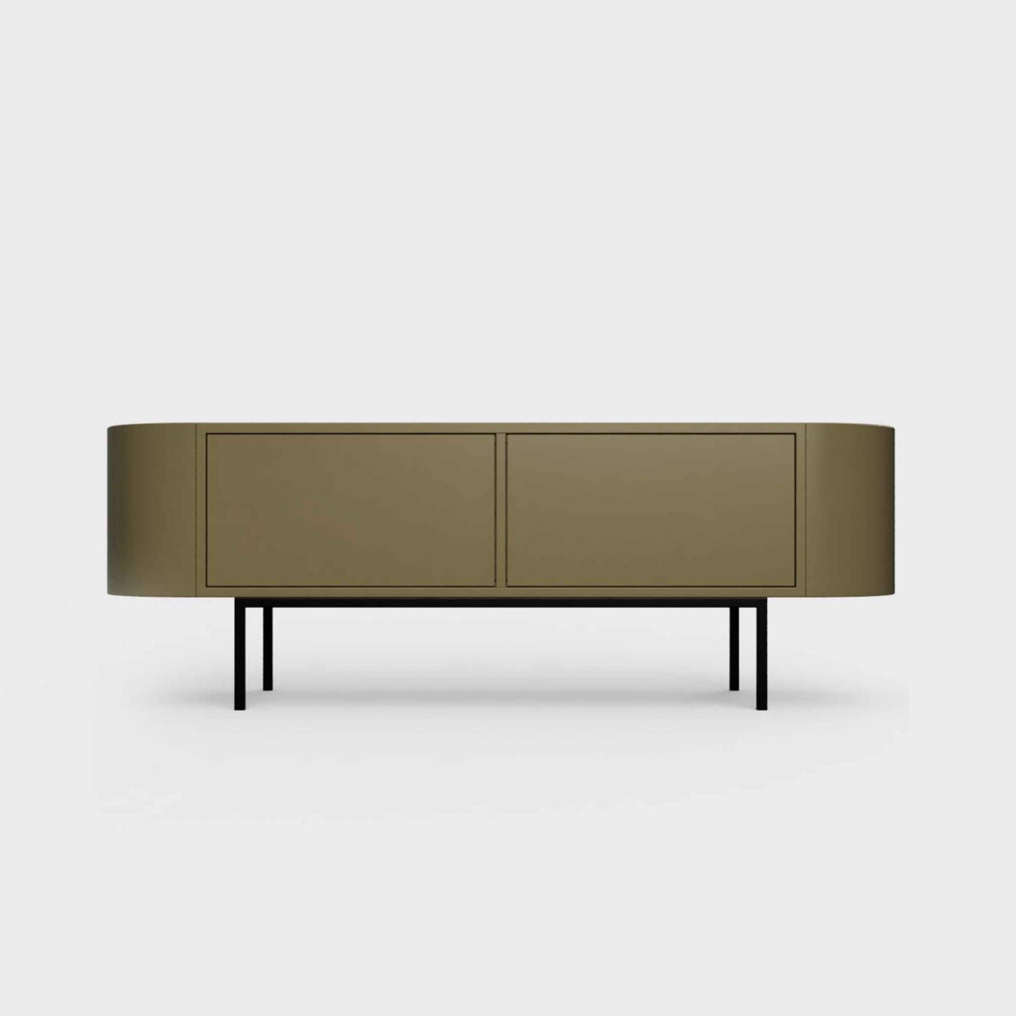 Curved Desiva Enna 01 lowboard in brown olive color steel, available in Switzerland via ÉTAUDORÉ