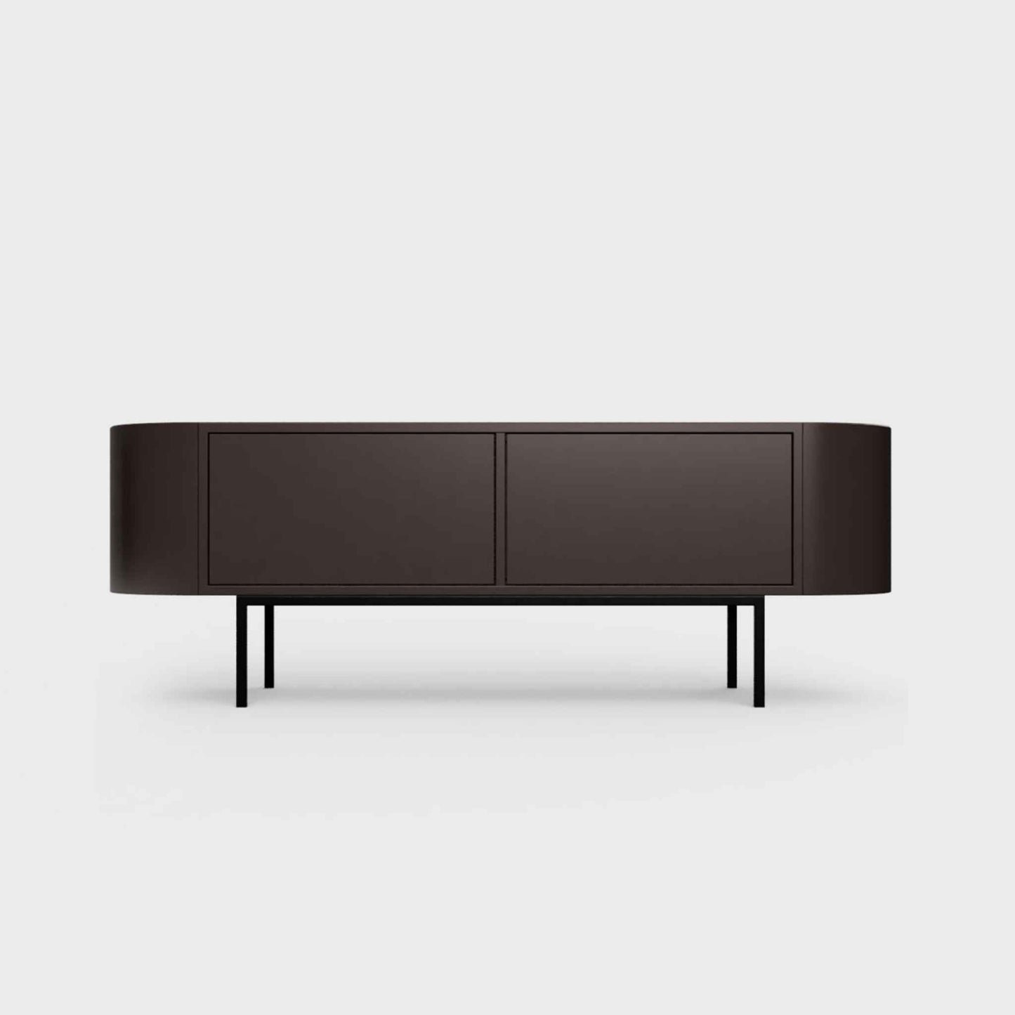 Curved Desiva Enna 01 lowboard in coffee brown color steel, available in Switzerland via ÉTAUDORÉ
