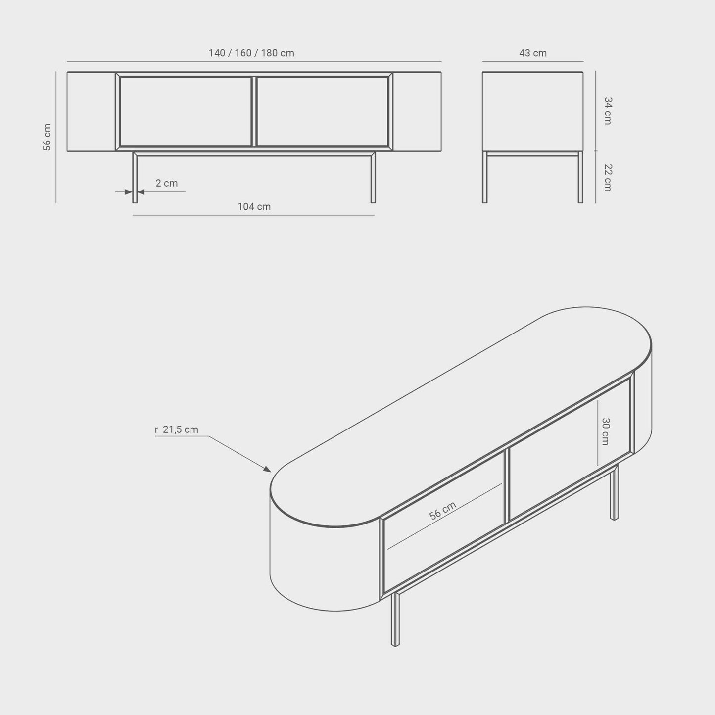 Dimensions of the rounded Desiva Enna 01 lowboard in powder coated steel, available in Switzerland via ÉTAUDORÉ