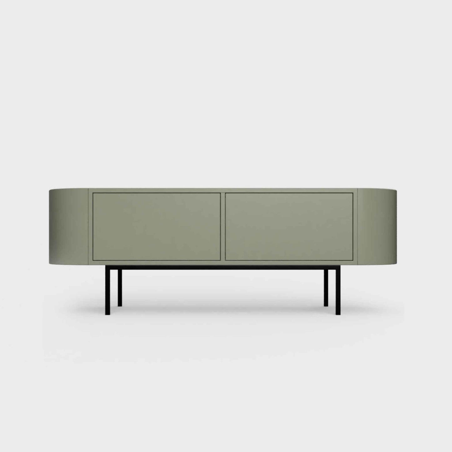 Curved Desiva Enna 01 lowboard in faded olive color steel, available in Switzerland via ÉTAUDORÉ