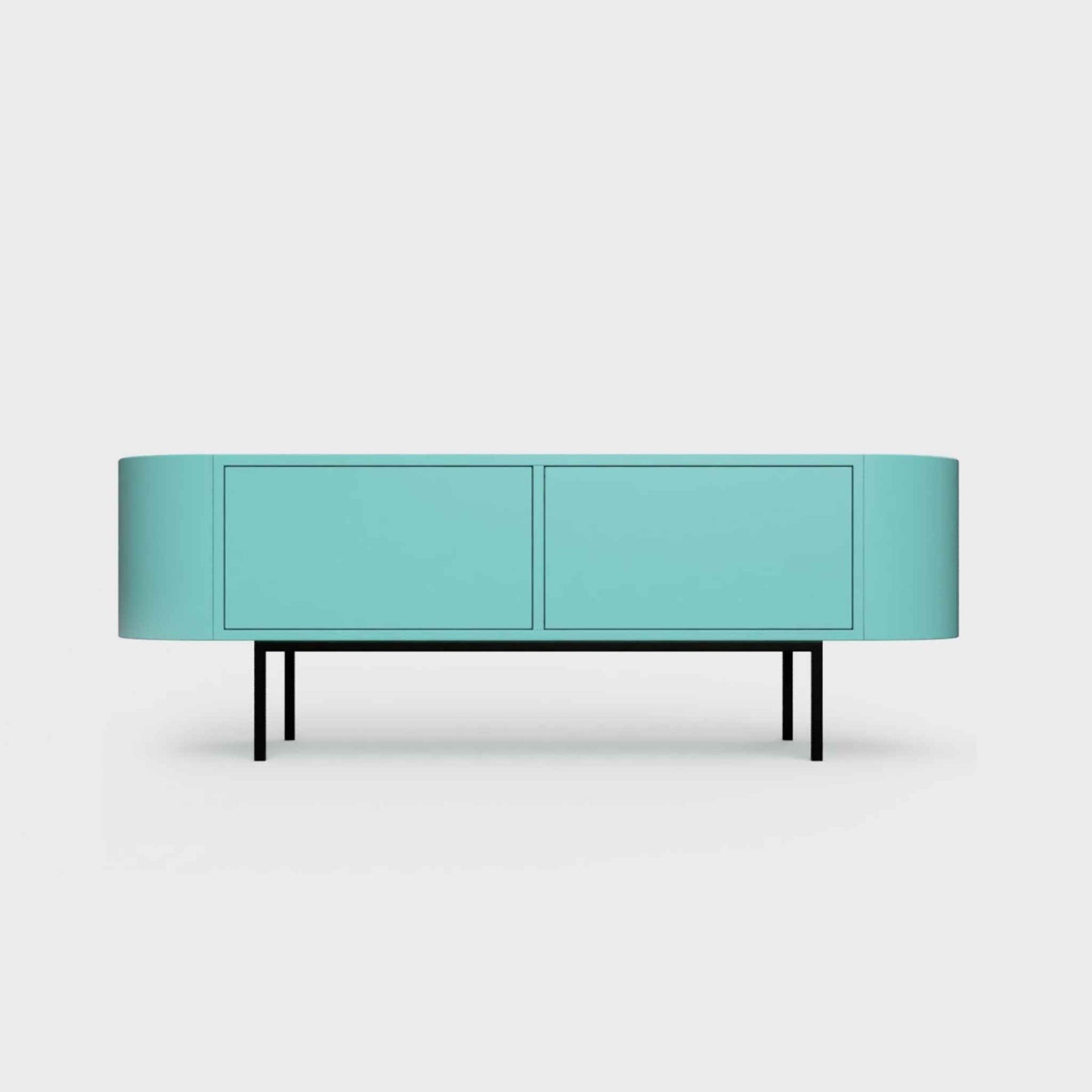 Curved Desiva Enna 01 lowboard in forget me not blue-green color steel, available in Switzerland via ÉTAUDORÉ
