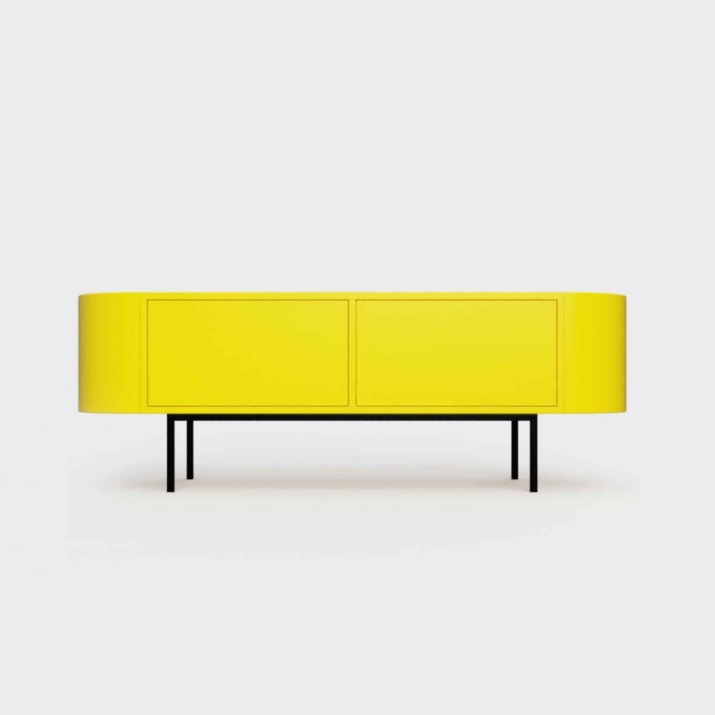 Curved Desiva Enna 01 lowboard in lemon yellow color steel, available in Switzerland via ÉTAUDORÉ