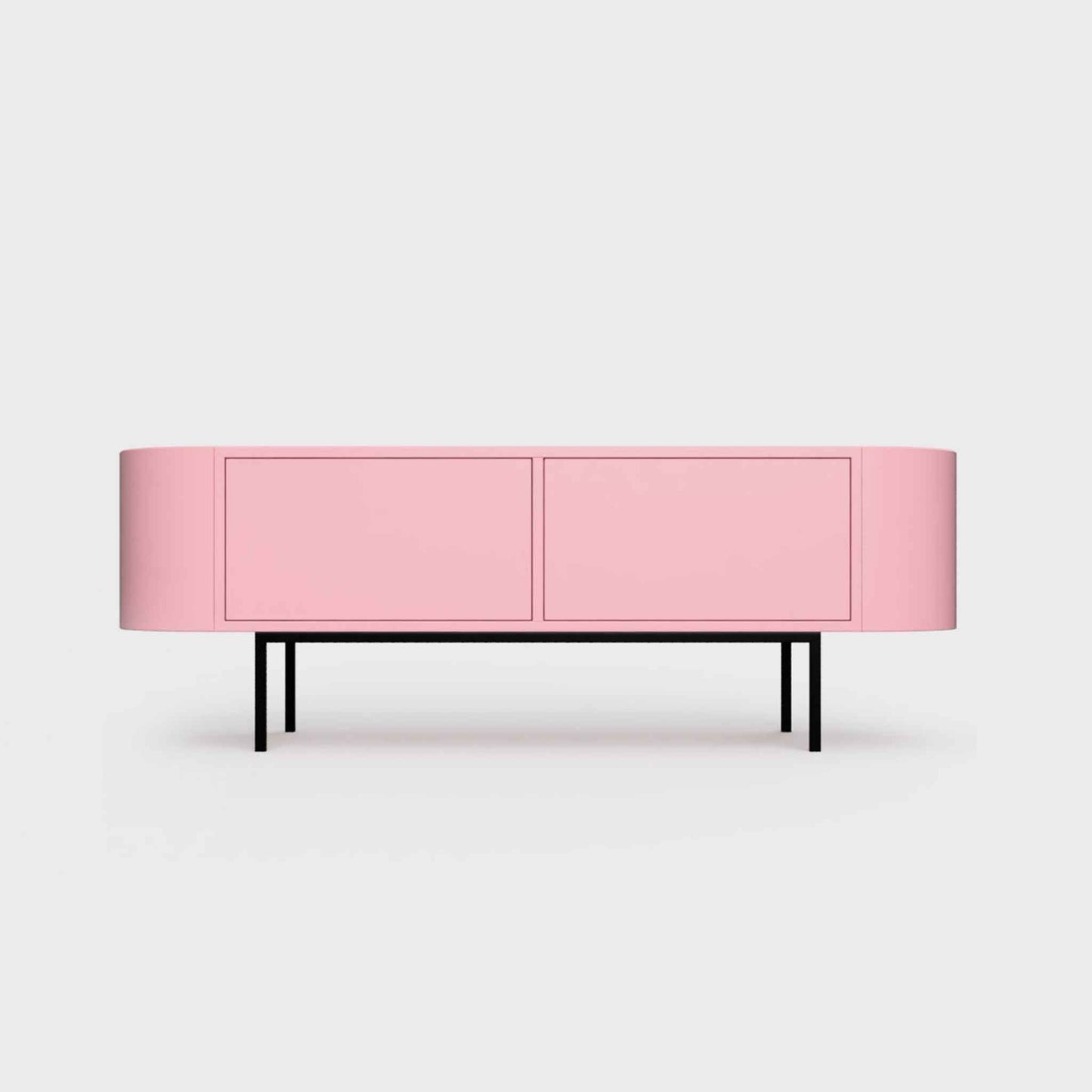 Curved Desiva Enna 01 lowboard in lily pink color steel, available in Switzerland via ÉTAUDORÉ