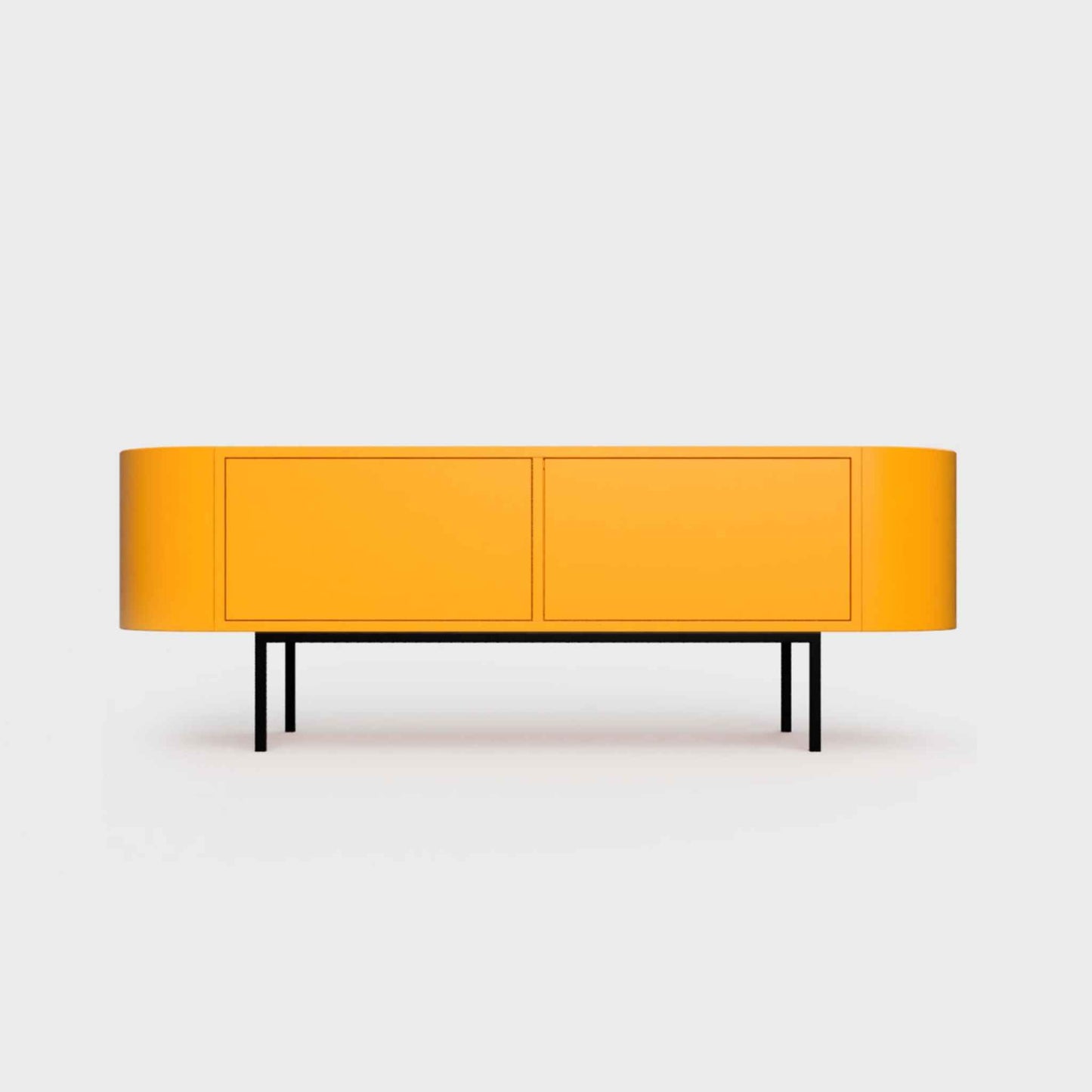 Curved Desiva Enna 01 lowboard in orange color steel, available in Switzerland via ÉTAUDORÉ