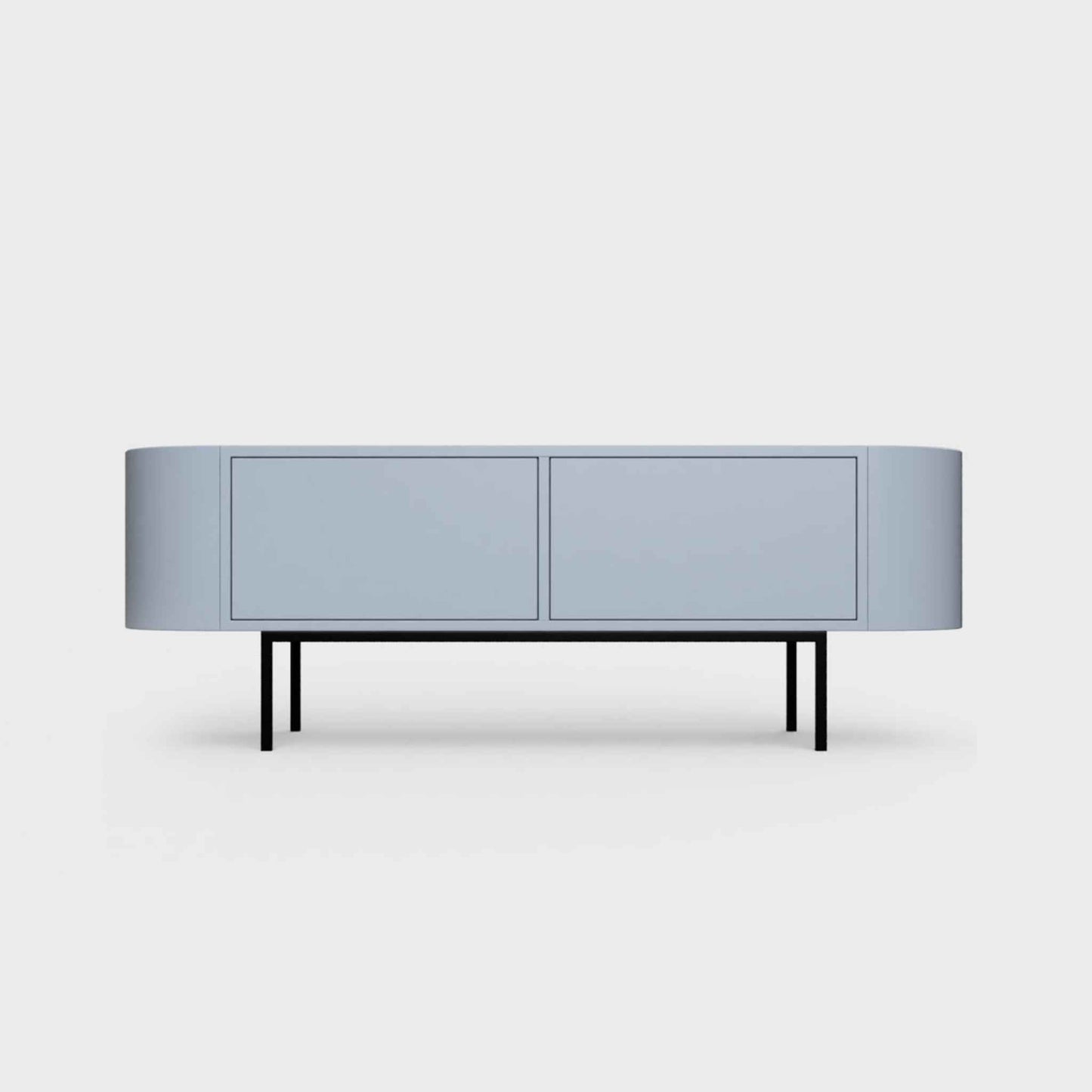 Curved Desiva Enna 01 lowboard in pigeon blue color steel, available in Switzerland via ÉTAUDORÉ