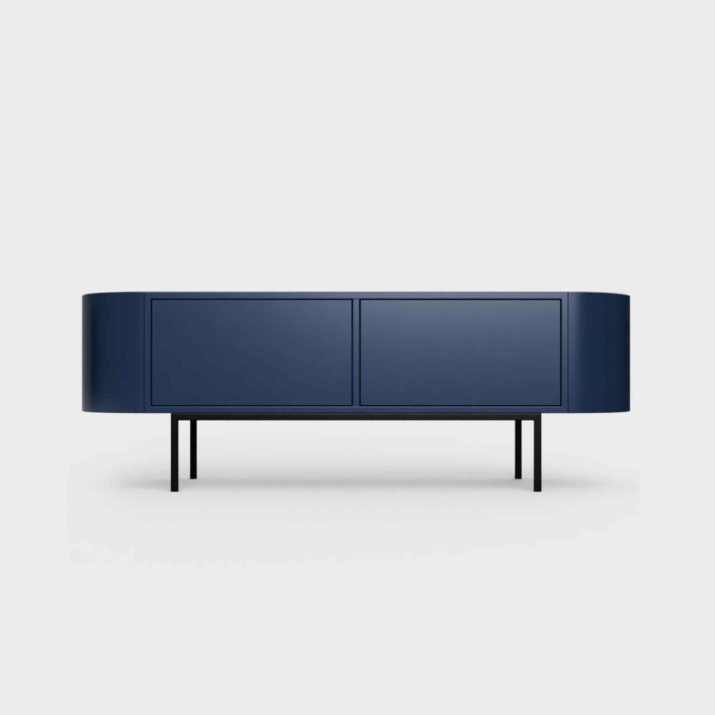 Curved Desiva Enna 01 lowboard in prussian blue color steel, available in Switzerland via ÉTAUDORÉ