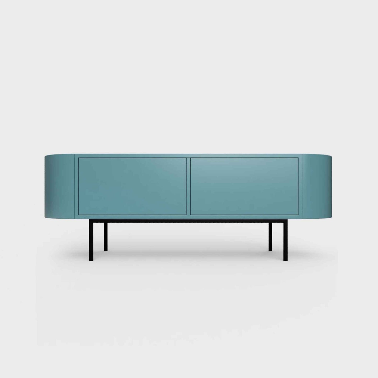 Curved Desiva Enna 01 lowboard in turquoise blue-green color steel, available in Switzerland via ÉTAUDORÉ