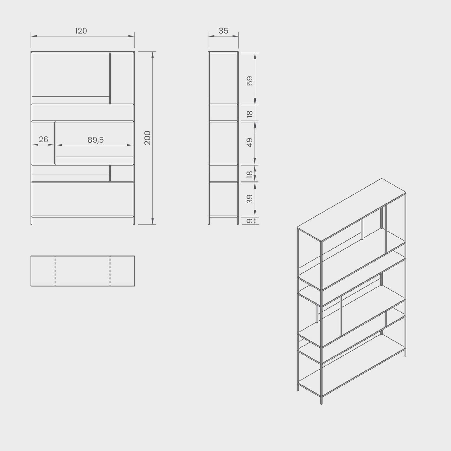 Dimensions of the ÉTAUDORÉ Floks 01 powder coated steel bookcase