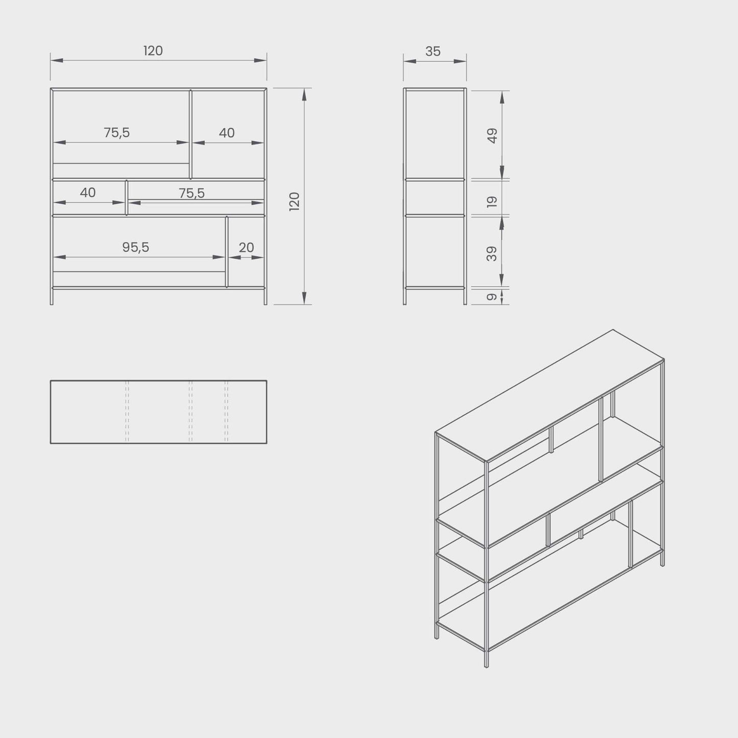 Dimensions of the ÉTAUDORÉ DESIVA shelving unit made from highest quality powder coated steel