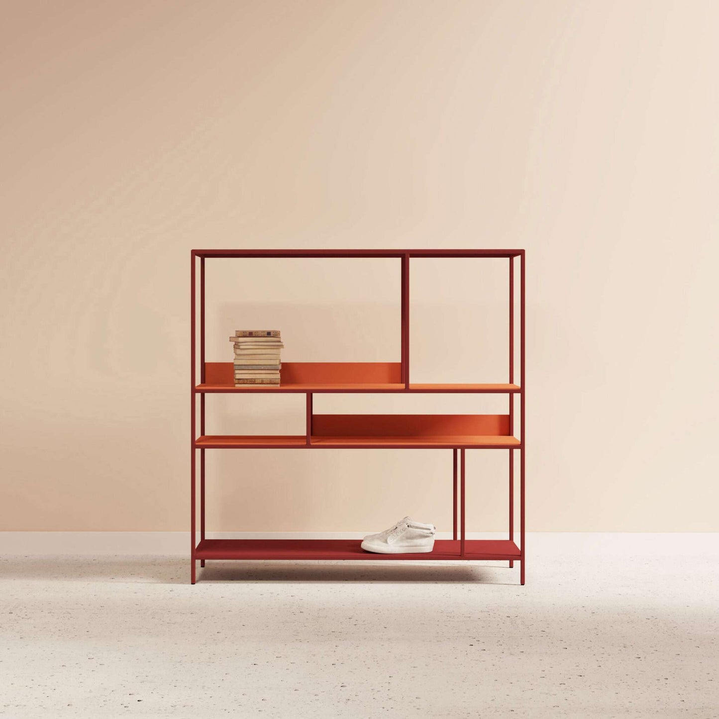 Interior arrangement with the ÉTAUDORÉ DESIVA shelving unit made from highest quality powder coated steel in brick color