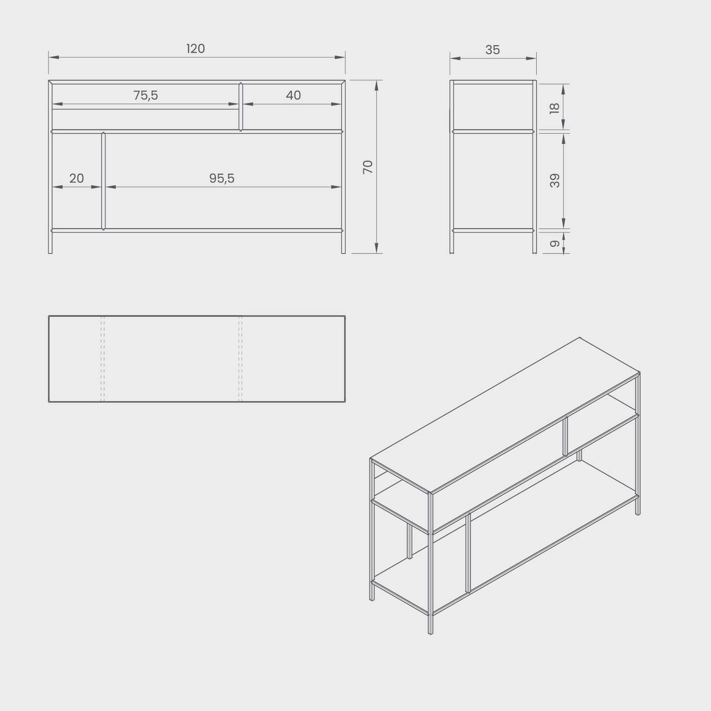 Dimensions of the ÉTAUDORÉ DESIVA small shelving unit Floks 03, made to order from highest quality powder coated steel