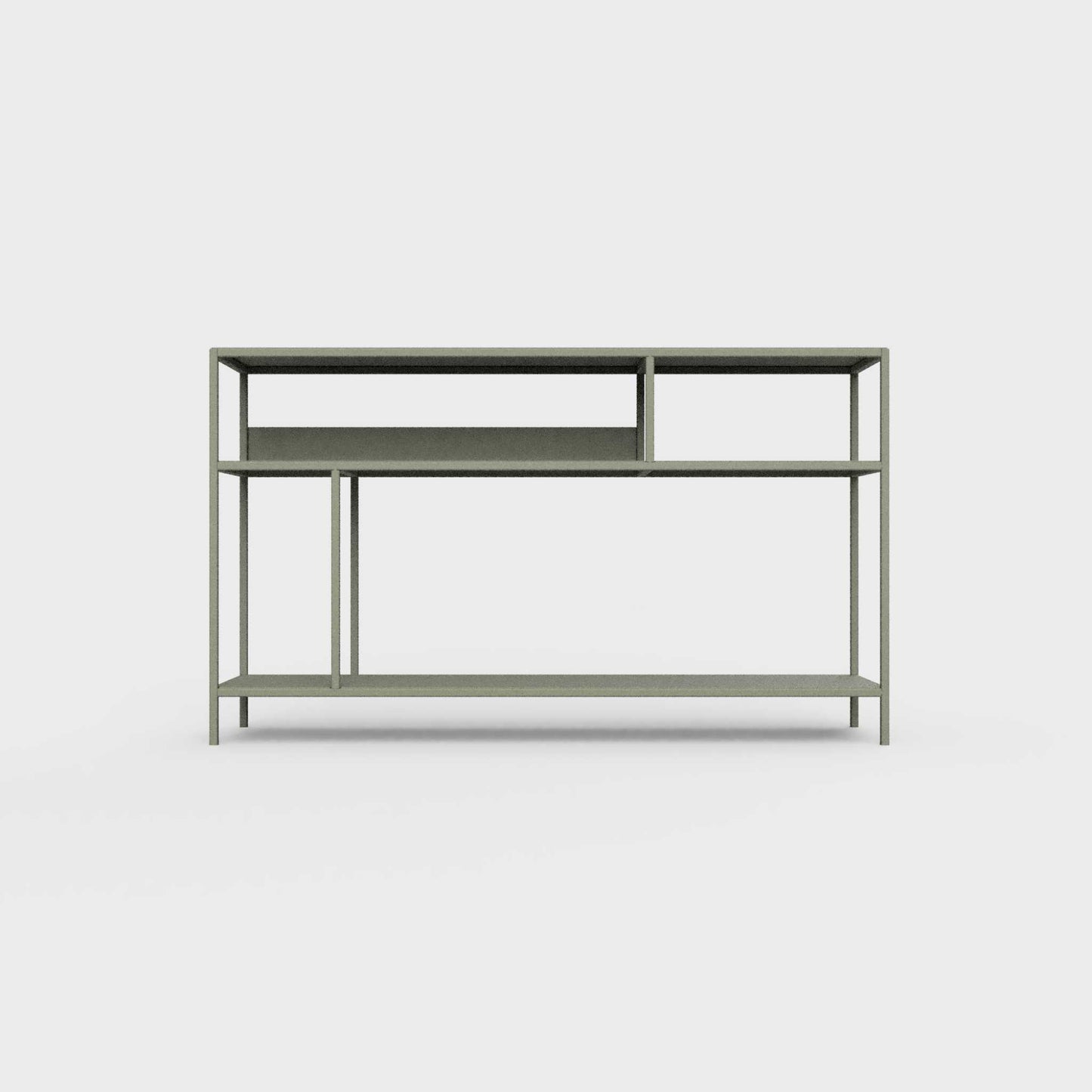 Faded olive green color ÉTAUDORÉ DESIVA small shelving unit Floks 03, made to order from highest quality powder coated steel