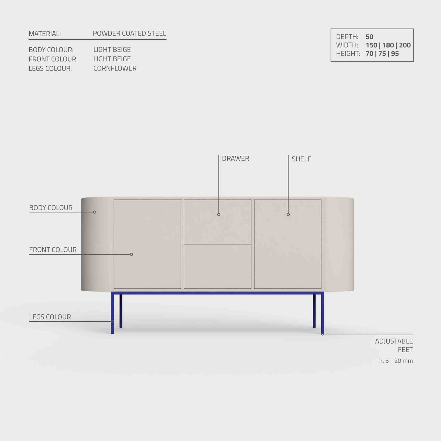 ÉTAUDORÉ Desiva Lumia 01 steel rounded sideboard specifications