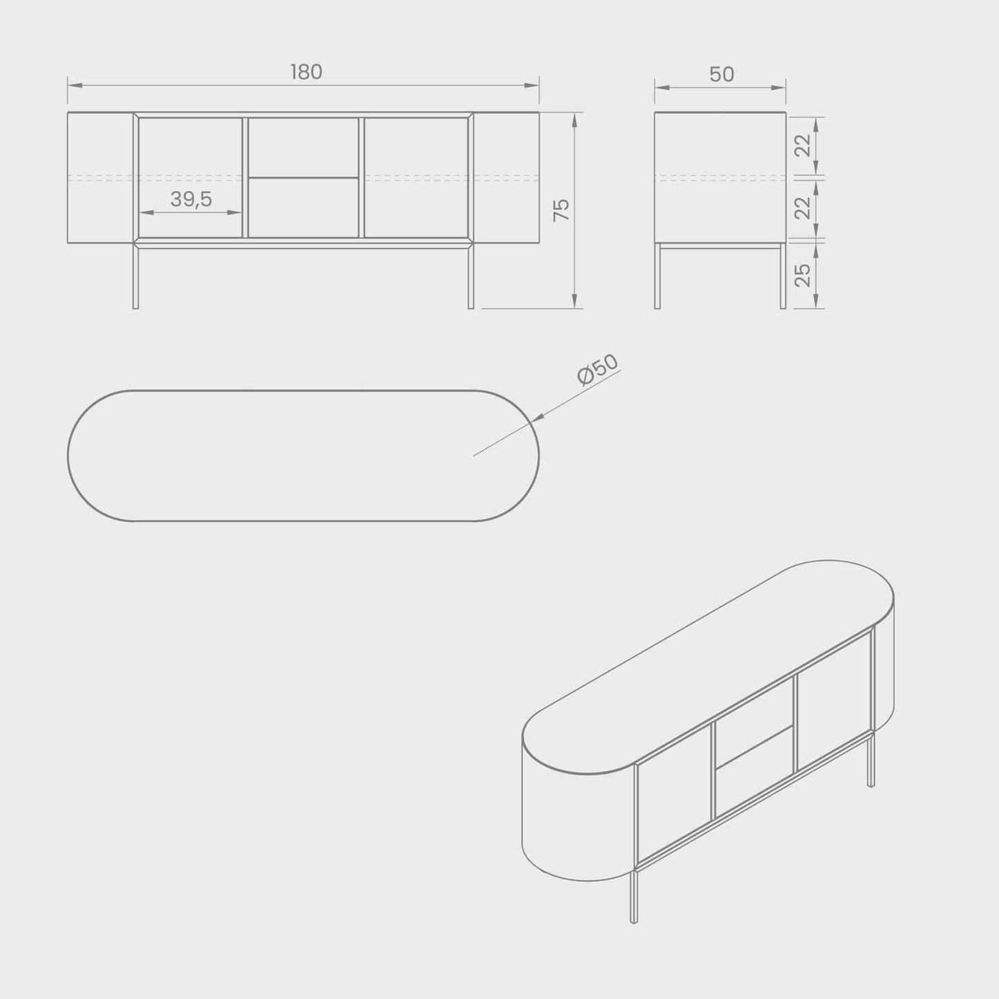 ÉTAUDORÉ Desiva Lumia 01 steel rounded sideboard dimensions