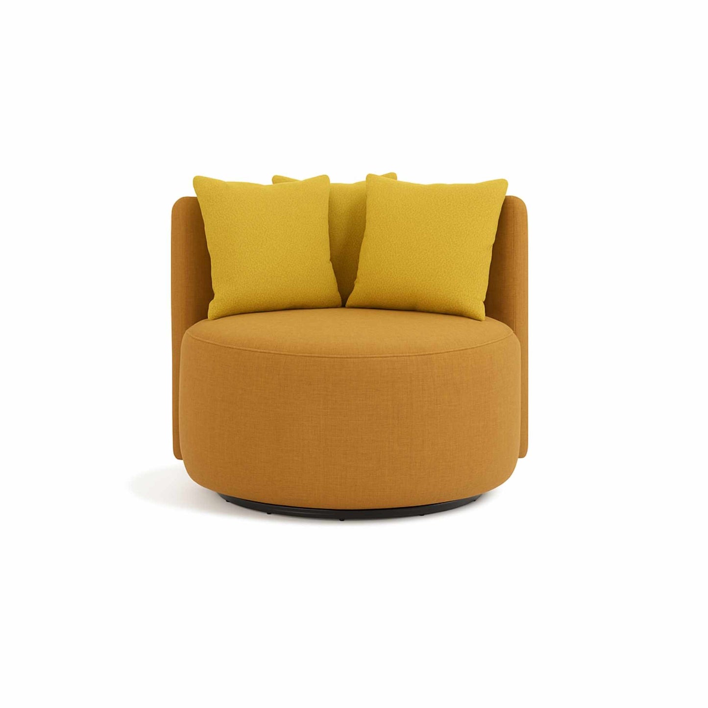 ÉTAUDORÉ Isola Armchair with swivel base – front view - faded orange body, lime pillows