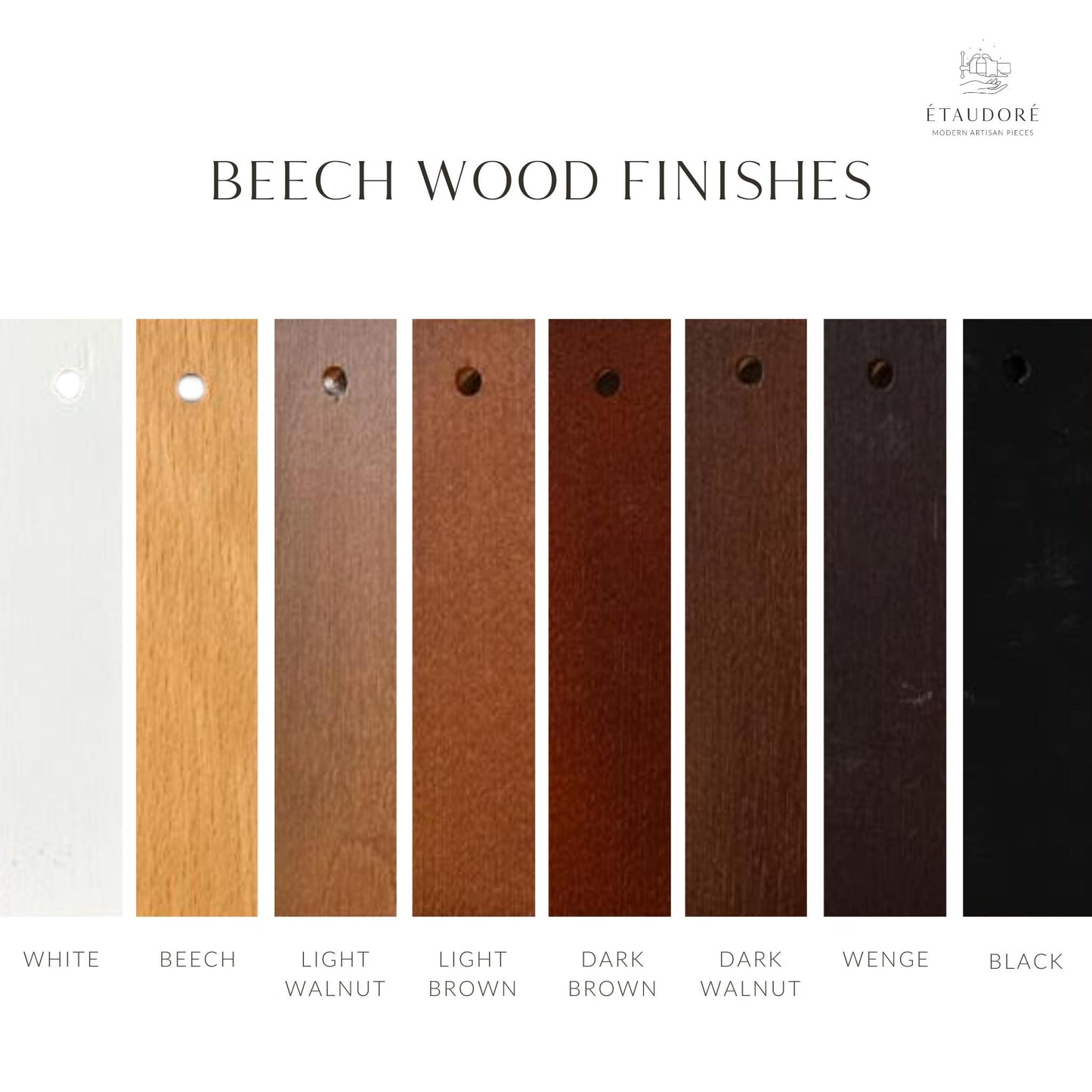 Solid beech wood finish options for ÉTAUDORÉ Reuss armchair showing eight stain colours from white and natural beech to dark walnut, wenge and black.