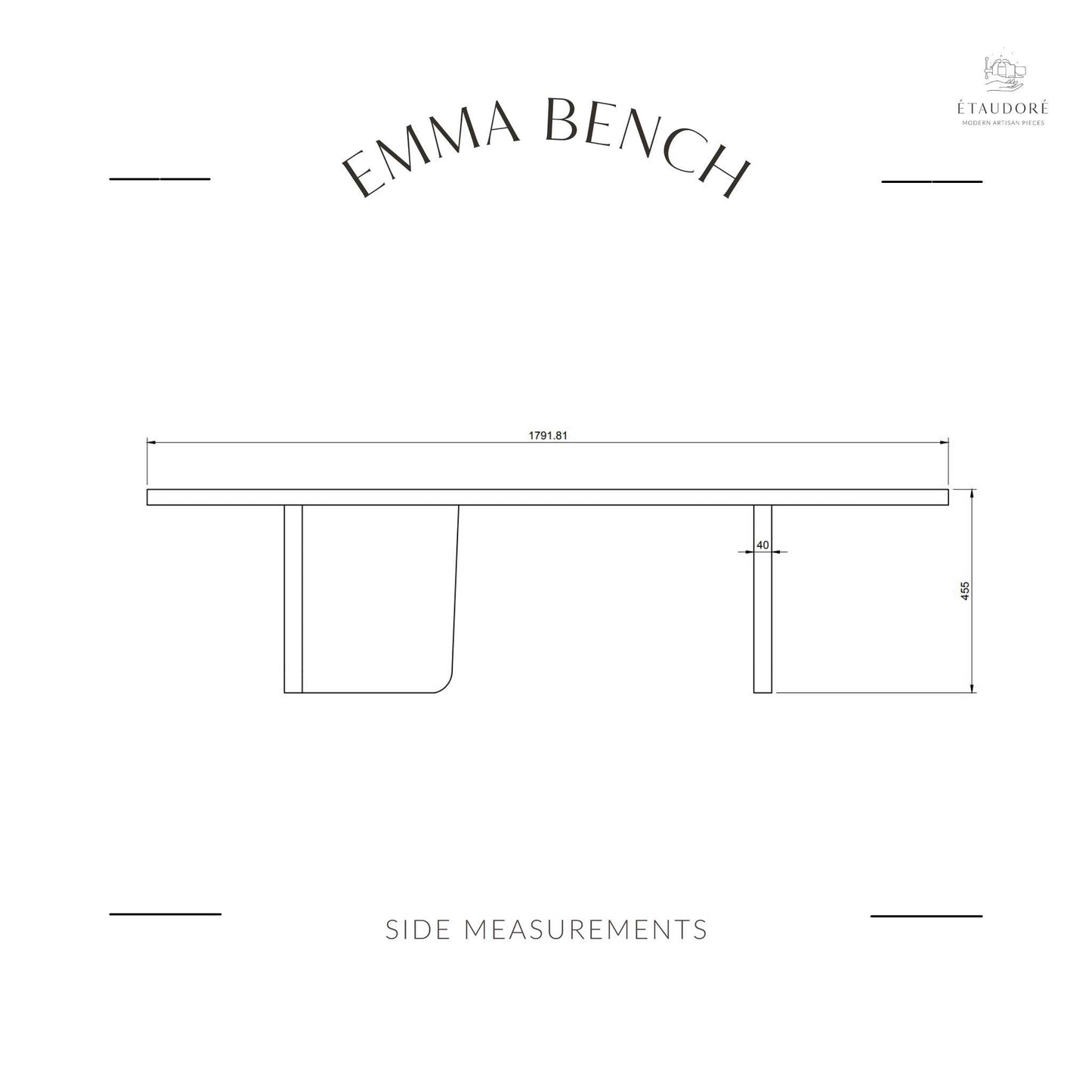 Side measurements of the ÉTAUDORÉ & Our Wabi Sabi Home Emma Bench