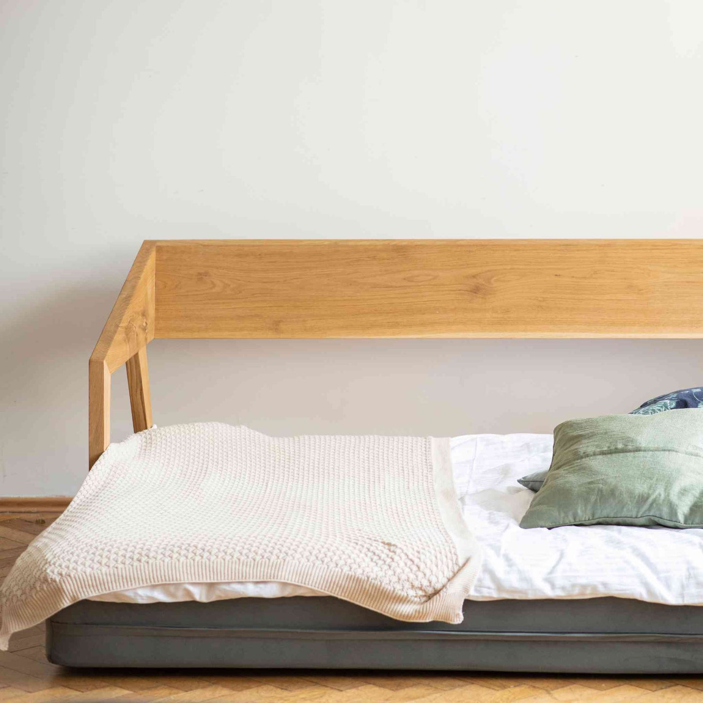 Piz Gloria foldable sofa bed, made from solid oak wood with high quality upholstery
