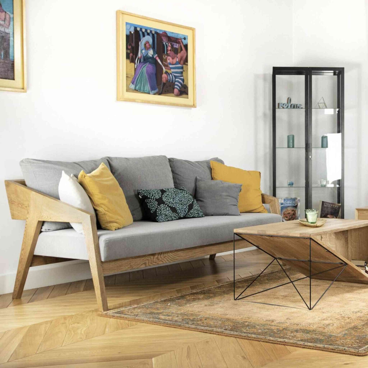 Piz Gloria solid oak wood sofa with high quality fabric upholstery in ash gray color - interior arrangement