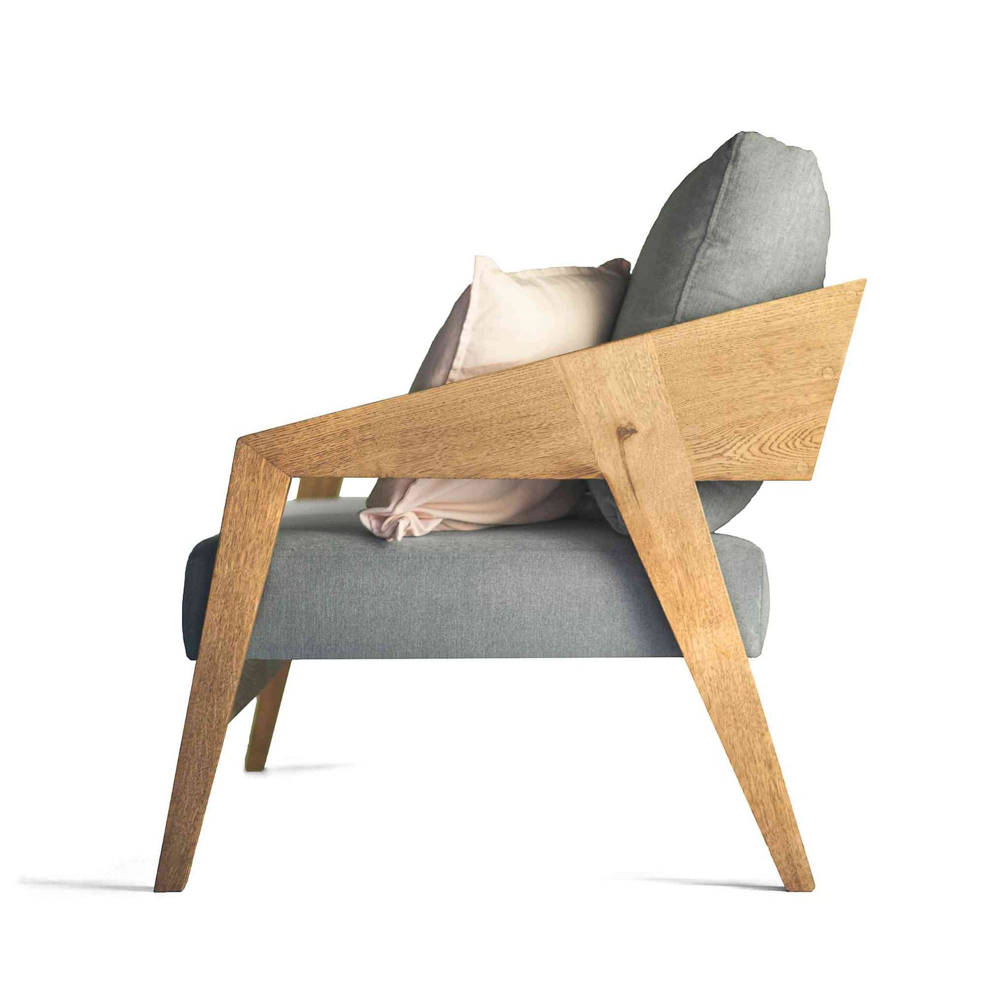 Piz Gloria solid oak wood sofa with high quality fabric upholstery in ash gray color - side view