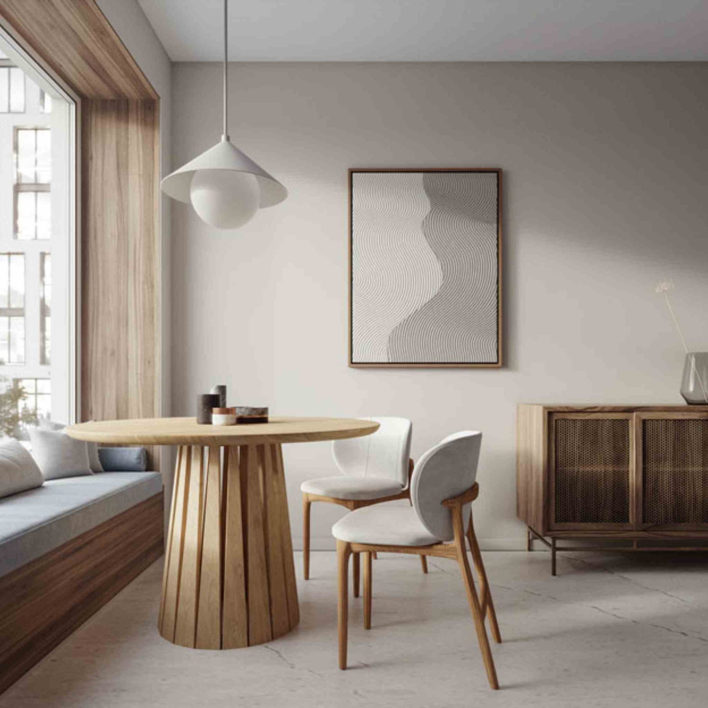 Chair arrangement with the Round Rigi table from ÉTAUDORÉ in solid oak wood with a beautiful base