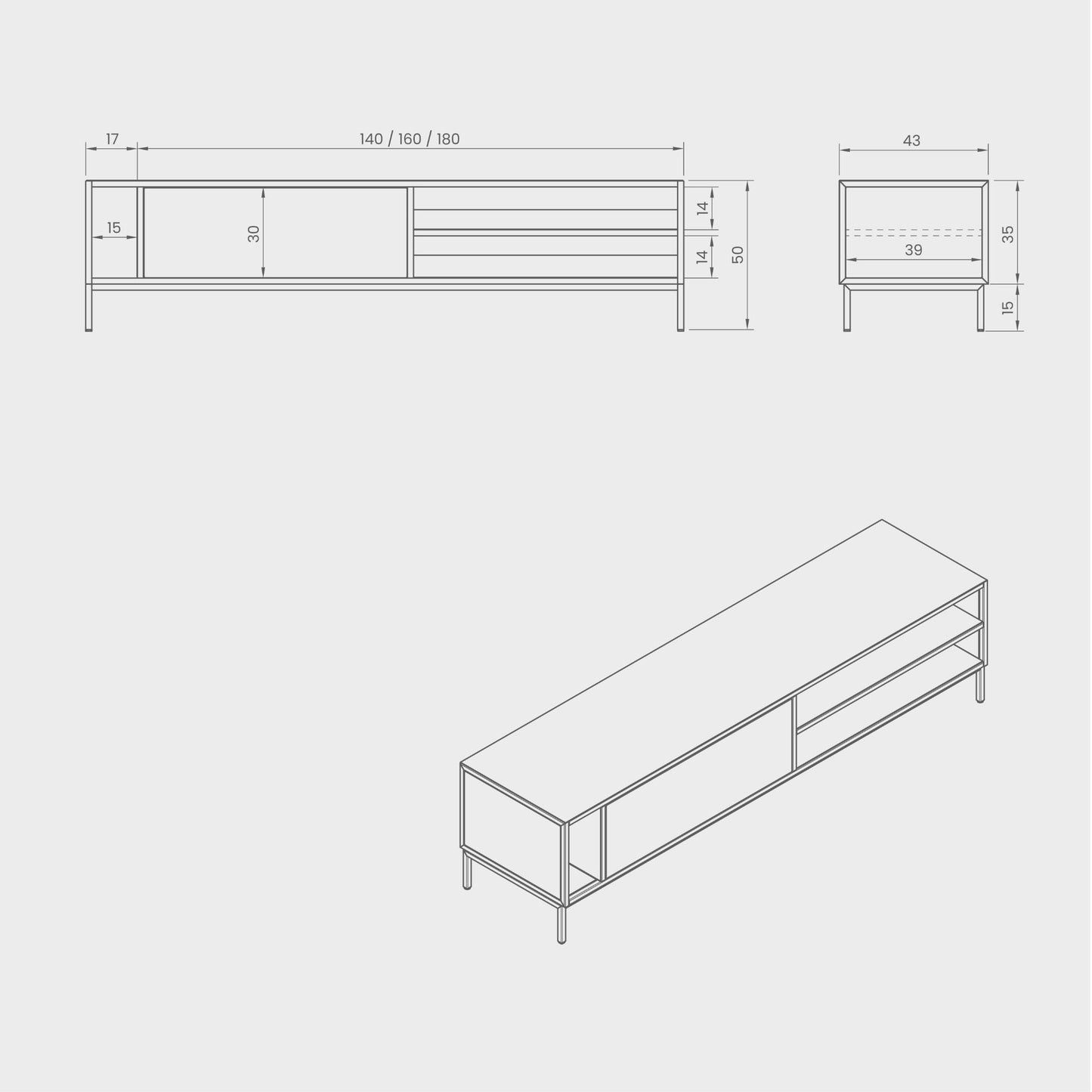 Dimensions of the Sarine Lowboard in 40 colors of powder-coated steel, elegant and modern piece of furniture for your living room