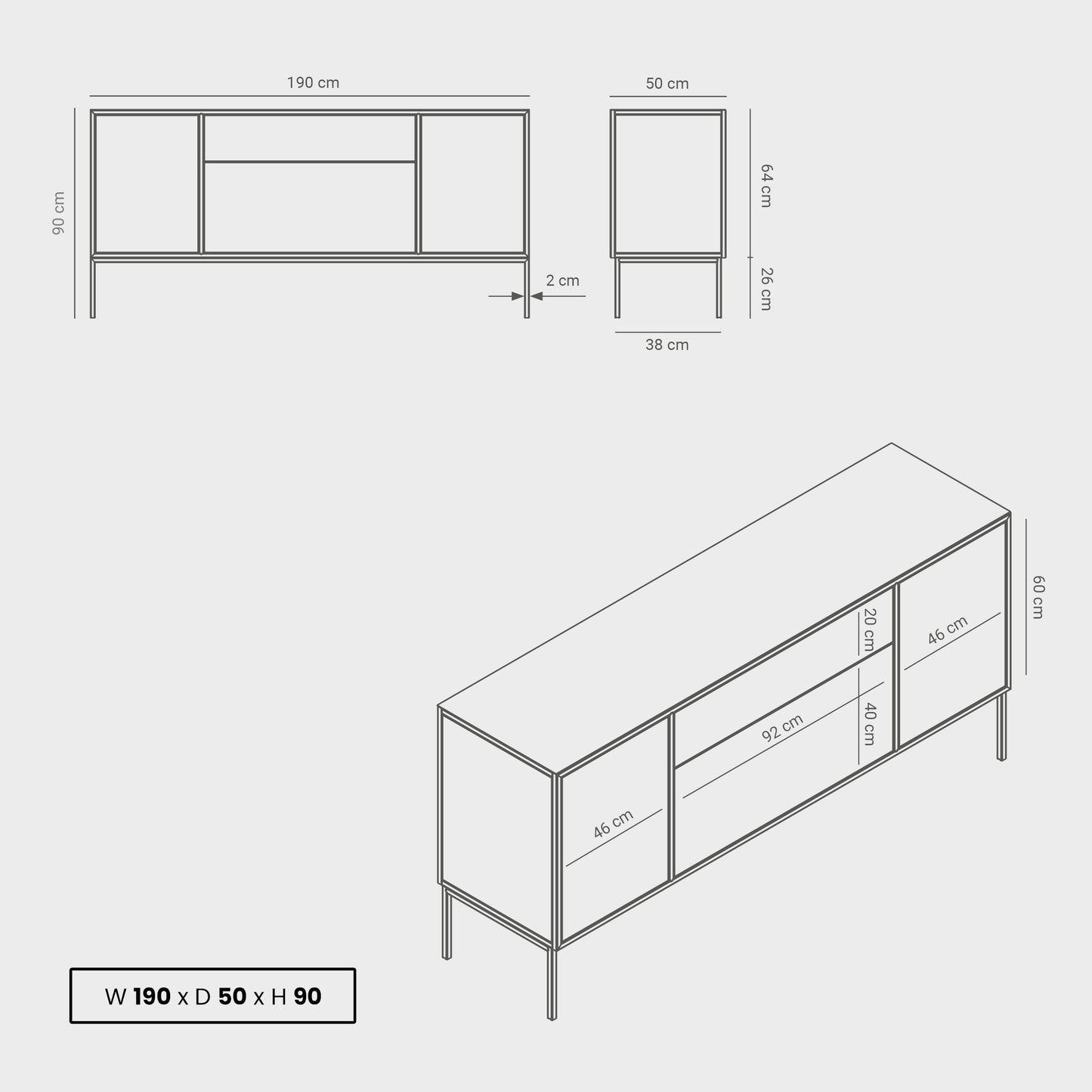 Arnika 02 Sideboard dimensions, powder-coated steel, elegant and modern piece of furniture for your living room