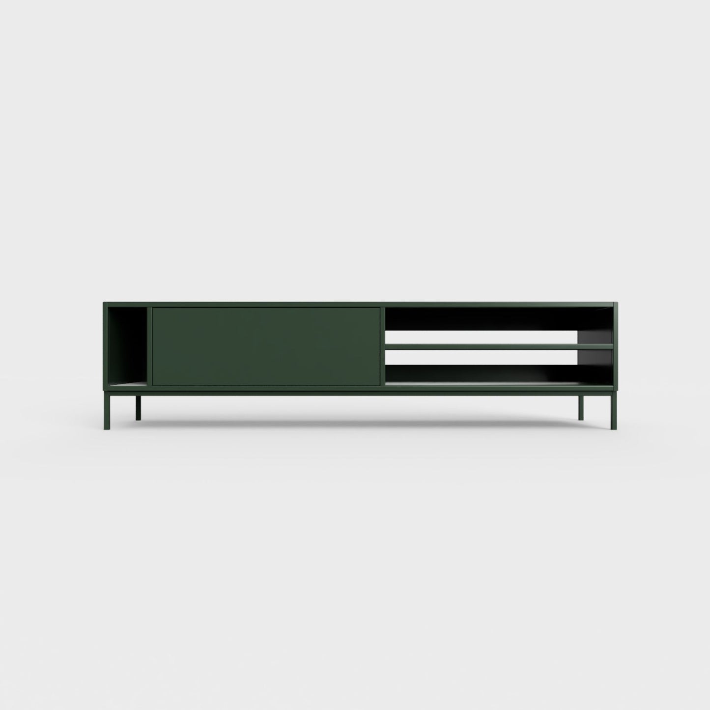 Prunus 03 Lowboard in bottle green color, powder-coated steel, elegant and modern piece of furniture for your living room