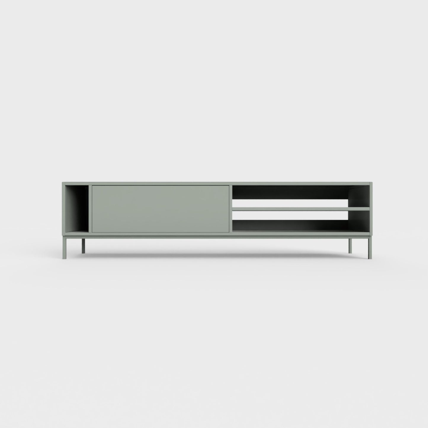 Prunus 03 Lowboard in dark matcha green color, powder-coated steel, elegant and modern piece of furniture for your living room