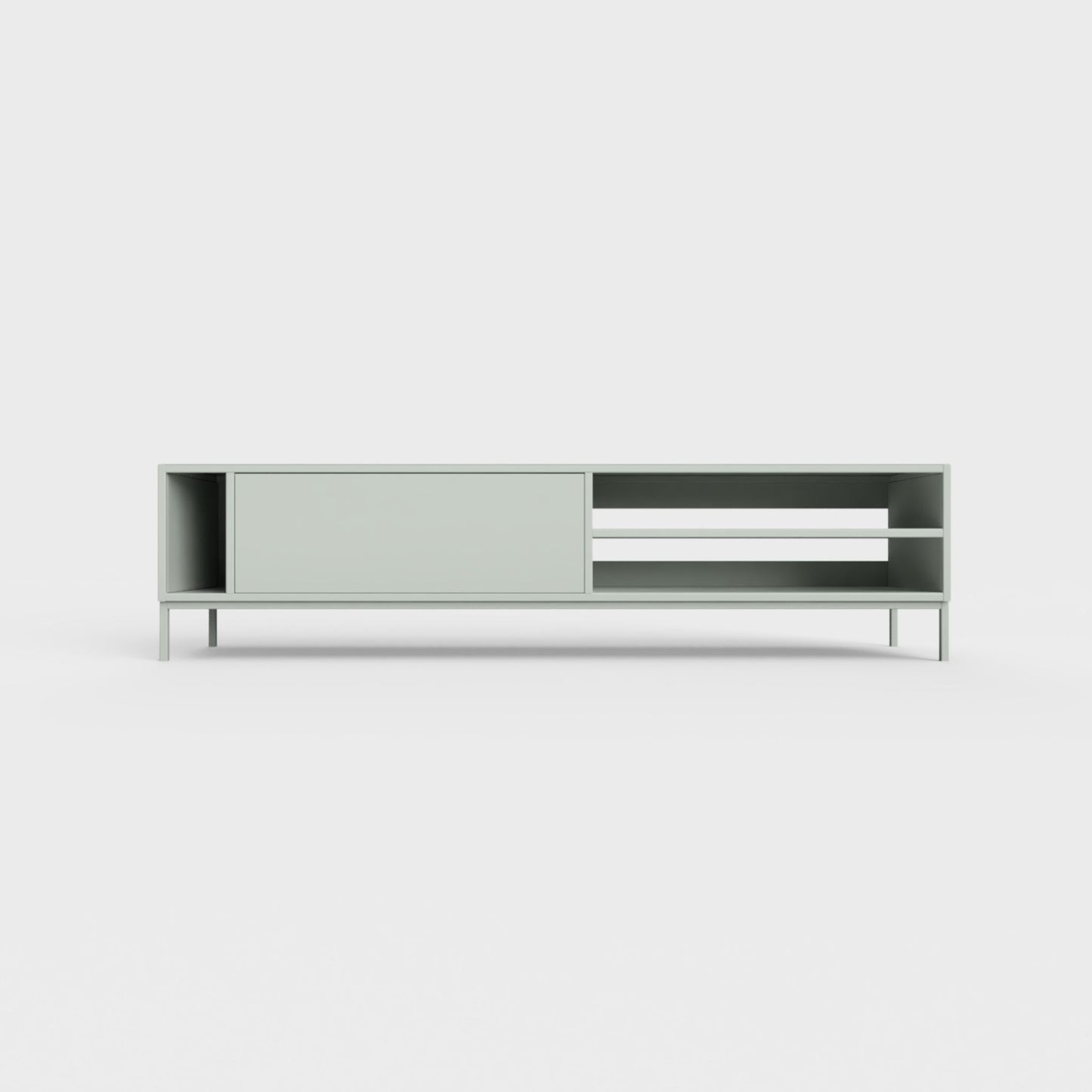 Prunus 03 Lowboard in light matcha green color, powder-coated steel, elegant and modern piece of furniture for your living room