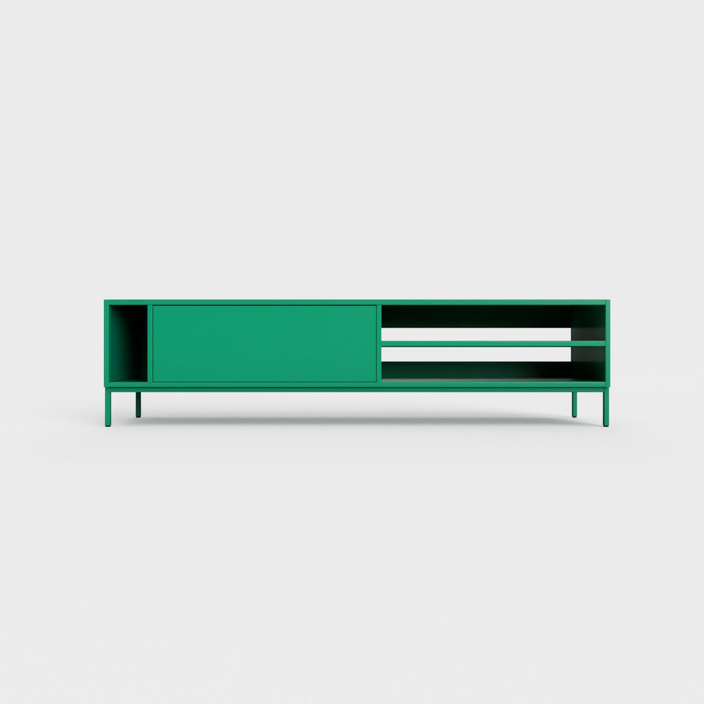 Prunus 03 Lowboard in avocado green color, powder-coated steel, elegant and modern piece of furniture for your living room