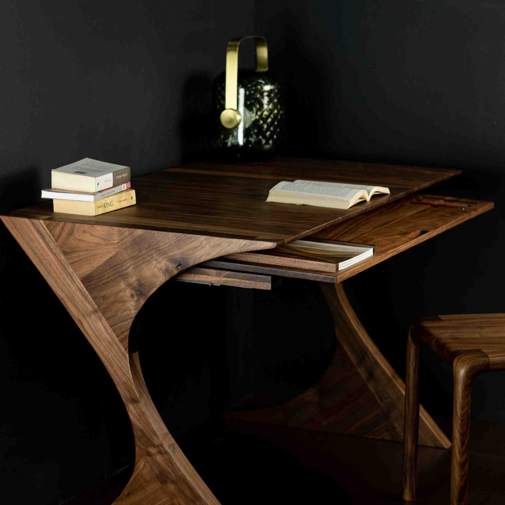 Interior arrangement with the Cervin desk with beautiful hourglass-shaped legs in solid walnut wood