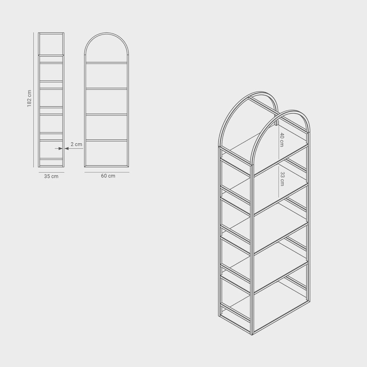 Measurements of the arched bookcase Arkada, available in Switzerland through ÉTAUDORÉ, made from highest quality powdered coated steel in a selection of 40 colors