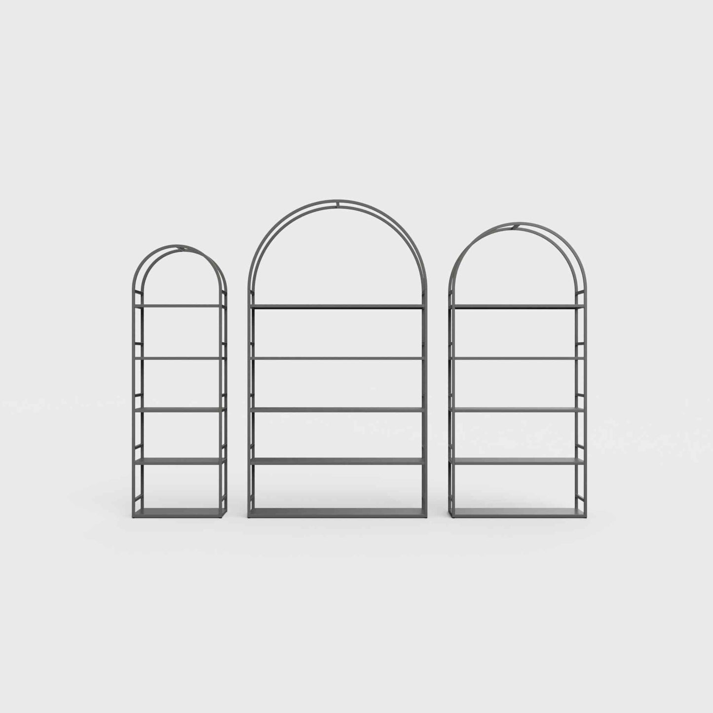 Arched bookcase Arkada, available in Switzerland through ÉTAUDORÉ, made from highest quality powdered coated steel in anthracite gray