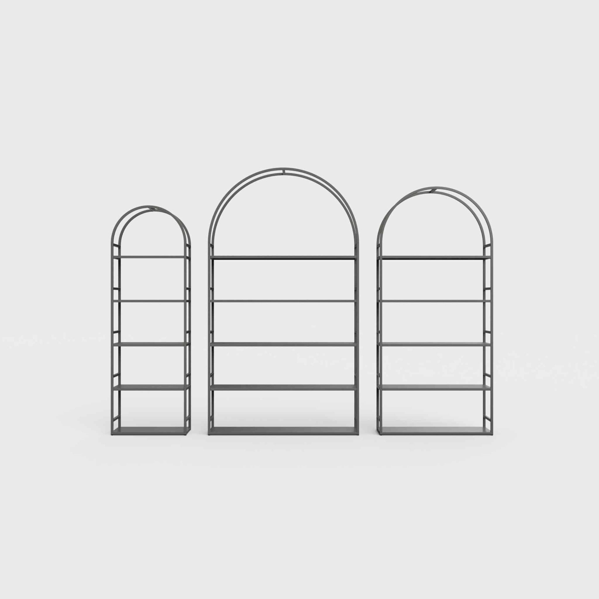Arched bookcase Arkada, available in Switzerland through ÉTAUDORÉ, made from highest quality powdered coated steel in anthracite gray