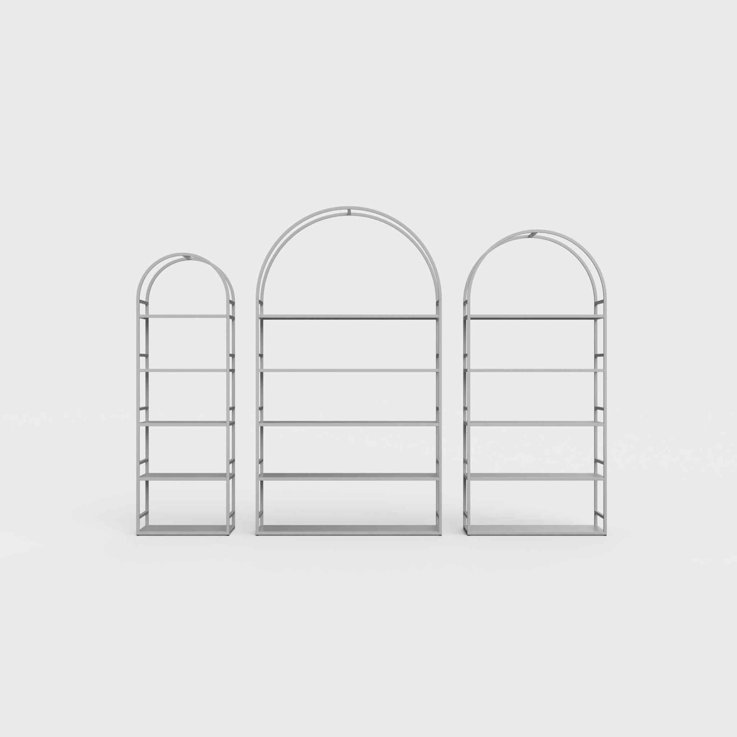 Arched bookcase Arkada, available in Switzerland through ÉTAUDORÉ, made from highest quality powdered coated steel in ashen gray
