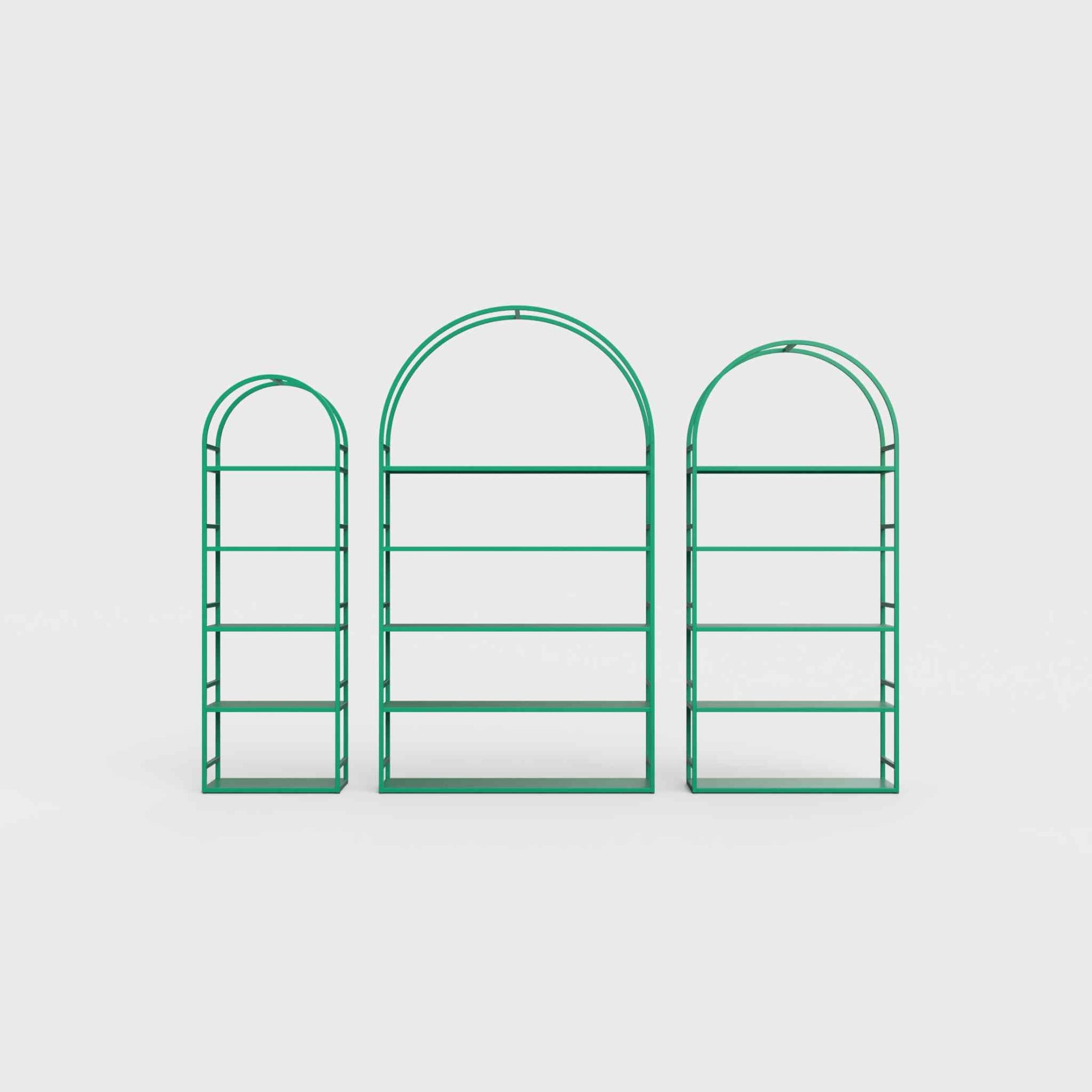 Arched bookcase Arkada, available in Switzerland through ÉTAUDORÉ, made from highest quality powdered coated steel in avocado green color