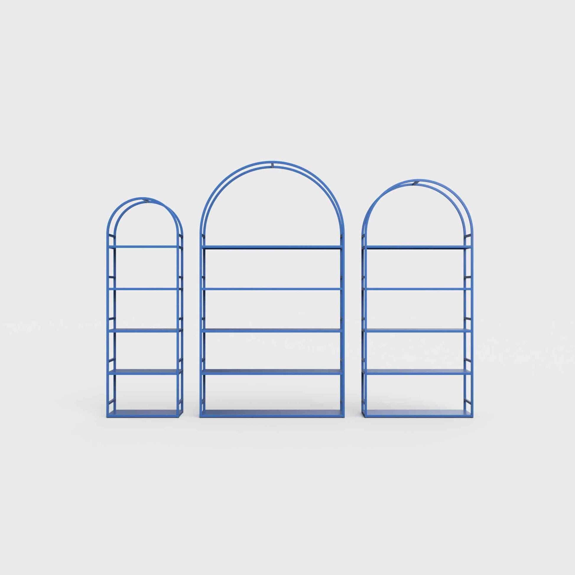 Arched bookcase Arkada, available in Switzerland through ÉTAUDORÉ, made from highest quality powdered coated steel in azure blue color