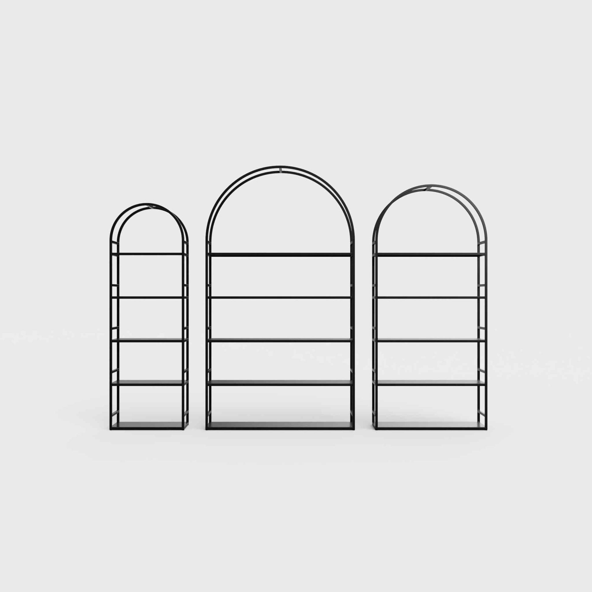 Arched bookcase Arkada, available in Switzerland through ÉTAUDORÉ, made from highest quality powdered coated steel in black color