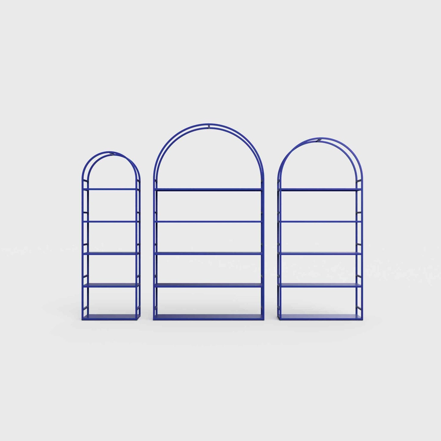 Arched bookcase Arkada, available in Switzerland through ÉTAUDORÉ, made from highest quality powdered coated steel in bluebell blue color