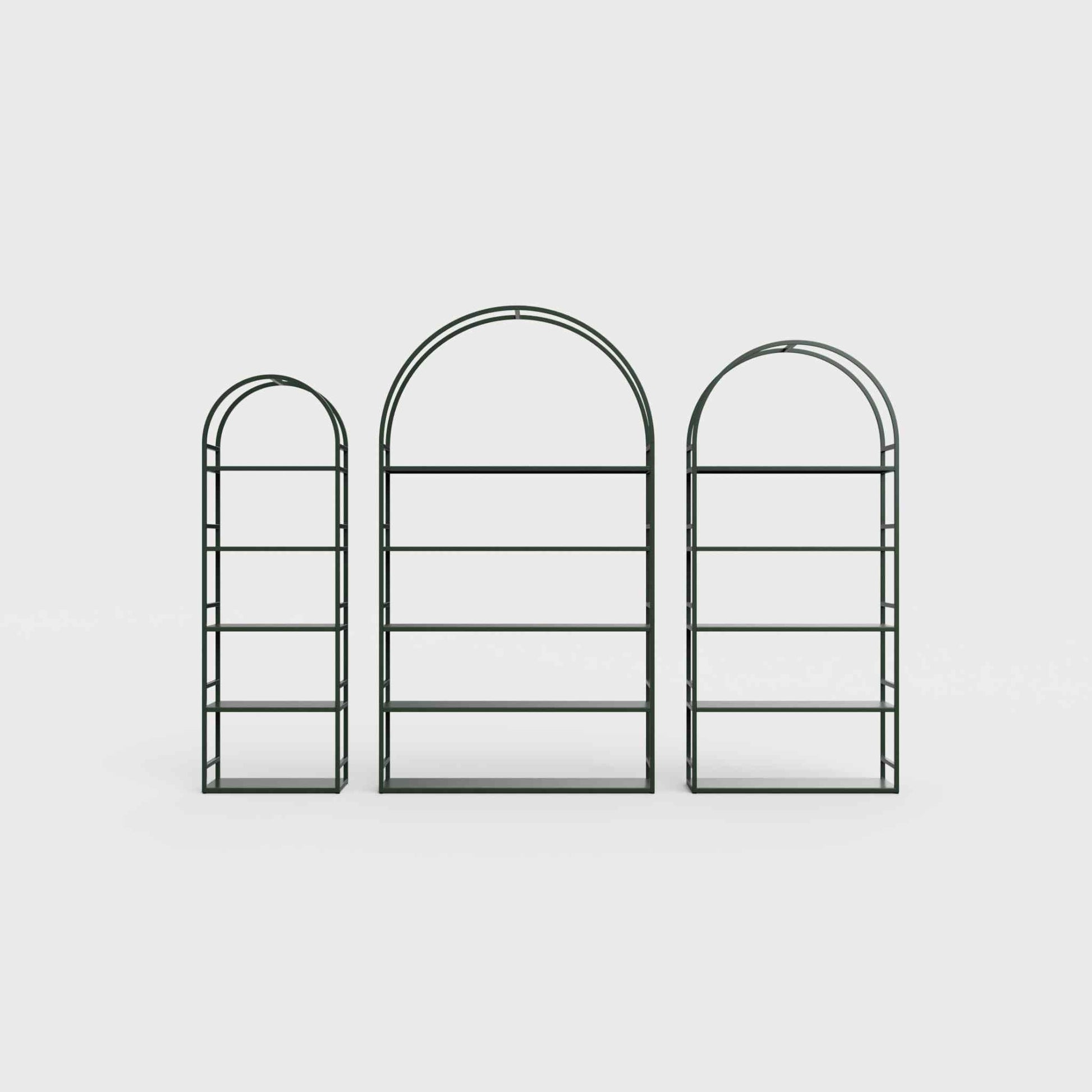 Arched bookcase Arkada, available in Switzerland through ÉTAUDORÉ, made from highest quality powdered coated steel in bottle green color