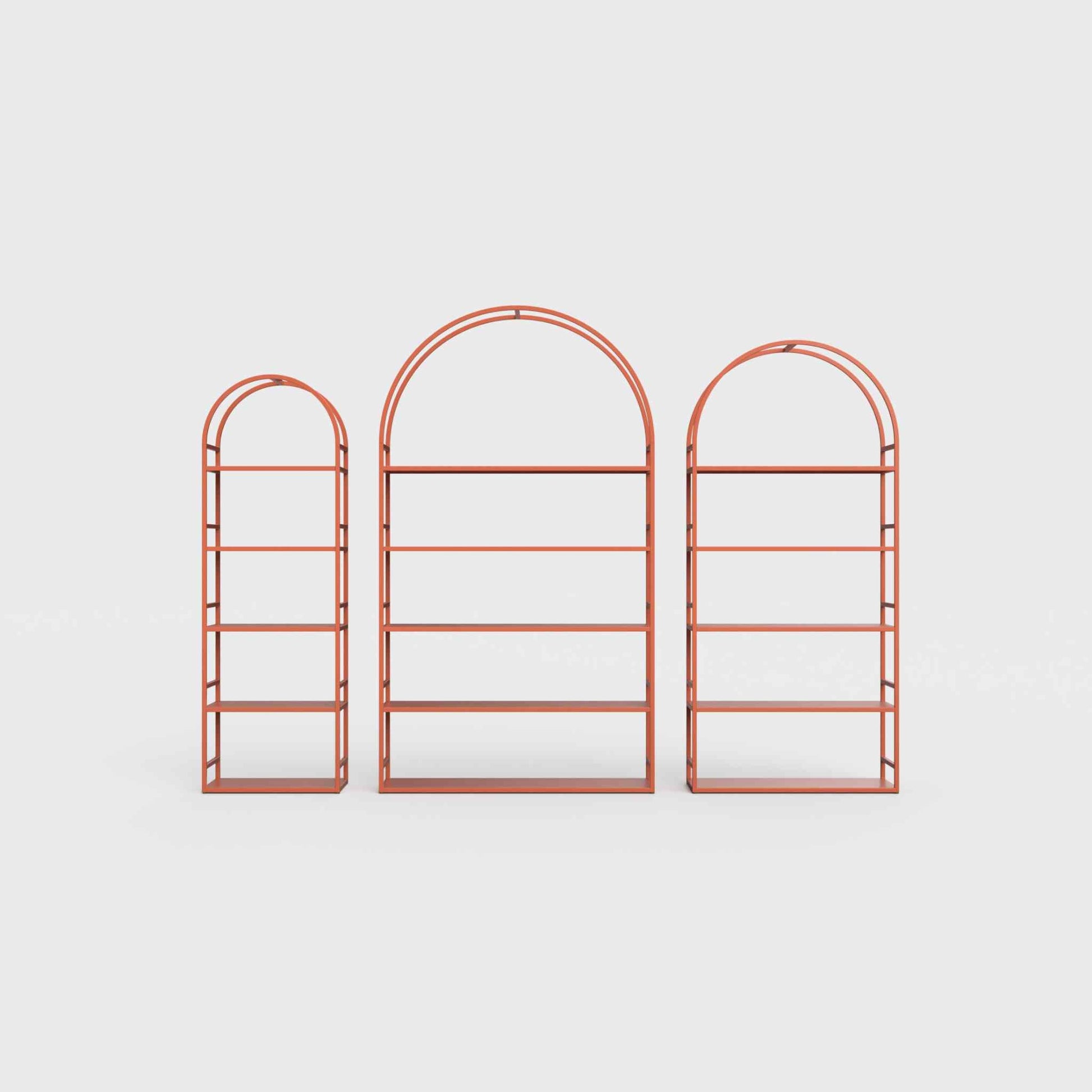 Arched bookcase Arkada, available in Switzerland through ÉTAUDORÉ, made from highest quality powdered coated steel in brick orange color